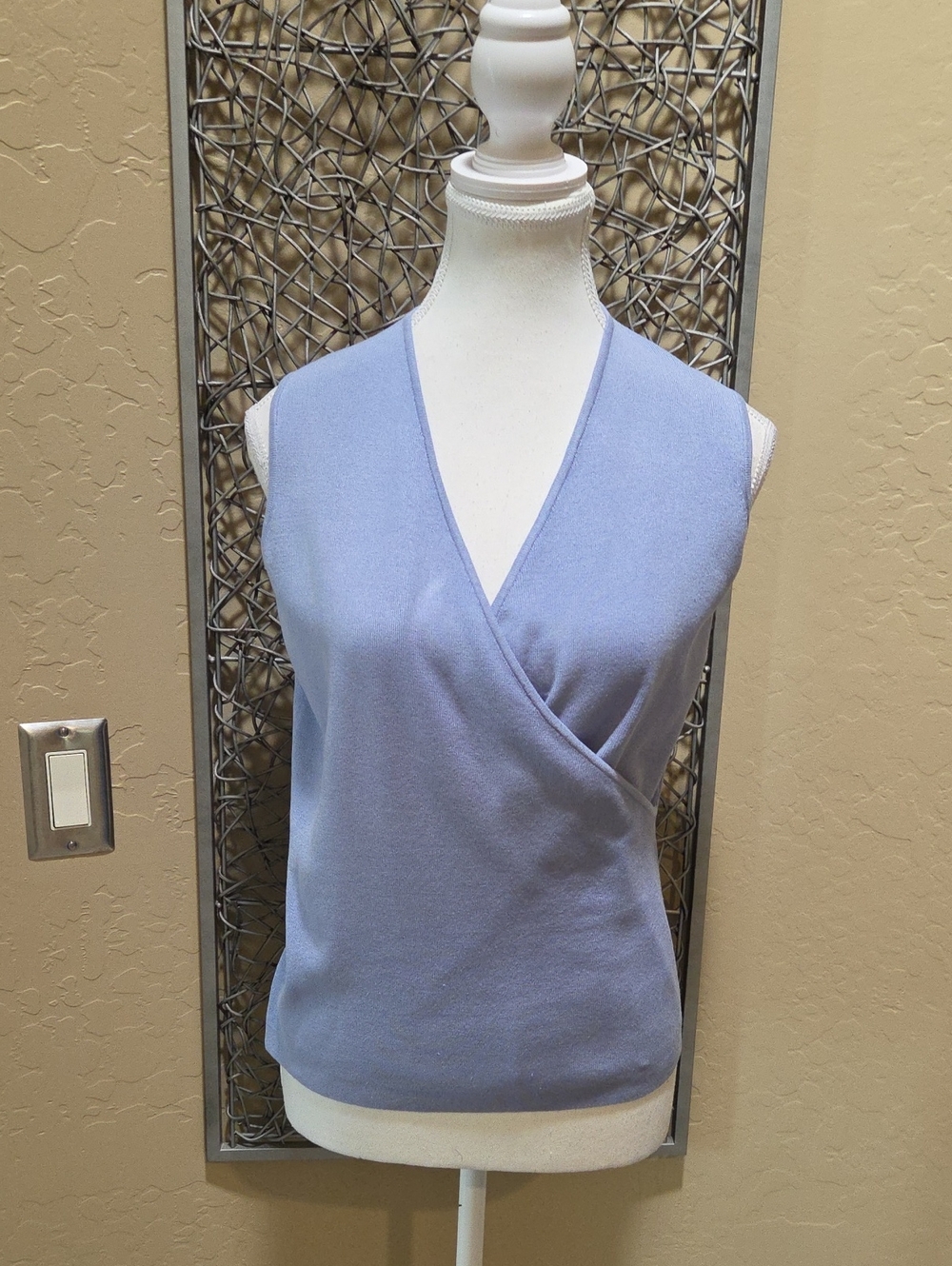 Valerie Stevens Sleeveless V-Neck Faux Wrap Knit Top In Periwinkle Blue